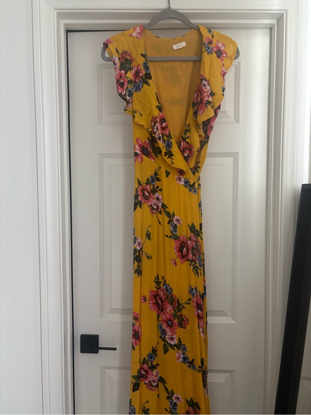 Floral Yellow Wrap Maxi Dress with Ruffle V-Neck